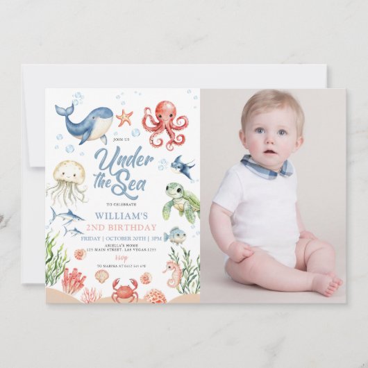 Blue Under The Sea Ocean Animal Photo Birthday 招待状 (正面)