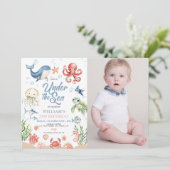 Blue Under The Sea Ocean Animal Photo Birthday 招待状 (スタンド正面)