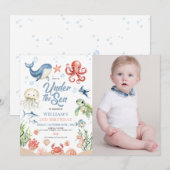 Blue Under The Sea Ocean Animal Photo Birthday 招待状 (正面/裏面)