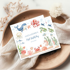 Blue Under The Sea Ocean Animals Birthday Napkins スタンダードカクテルナプキン