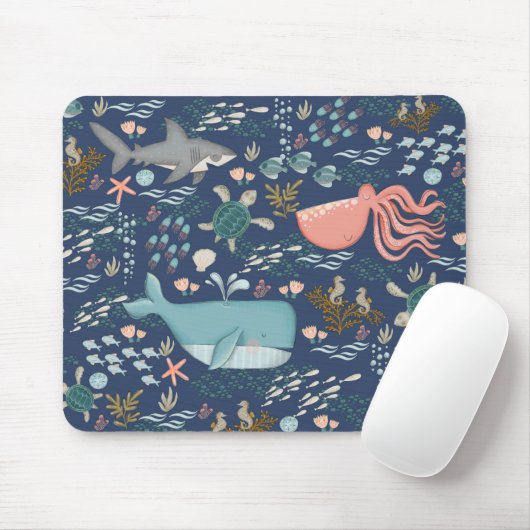Blue Underwater Ocean Animals Octopus Whale Art マウスパッド (マウス)