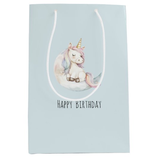Blue Unicorn on Cloud Birthday ミディアムペーパーバッグ (正面)