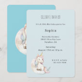 Blue Unicorn on Cloud Birthday 招待状 (正面/裏面)