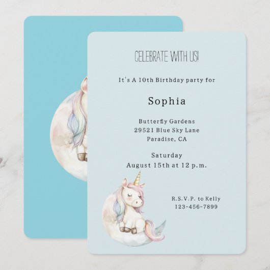 Blue Unicorn on Cloud Birthday 招待状 (正面/裏面)