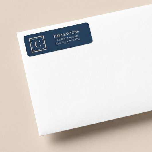 Blue & Vanilla Framed Monogram Return Address ラベル