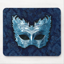 Blue Venetian Mask on Blue Damask Background マウスパッド