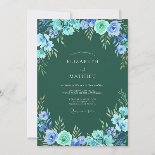 Blue Verdant Floral Arch Wedding 招待状 (正面)