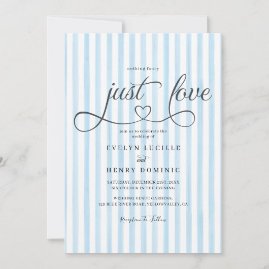Blue vertical stripes Modern Script Heart Wedding 招待状 (正面)