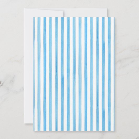 Blue vertical stripes Modern Script Heart Wedding 招待状 (裏面)