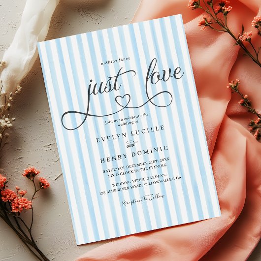 Blue vertical stripes Modern Script Heart Wedding 招待状
