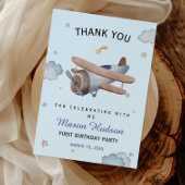 Blue Vintage Airplane First Birthday Thank You サンキューカード
