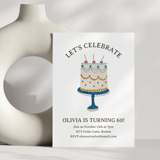 Blue Vintage Birthday Cake Doodle Cute Celebration 招待状