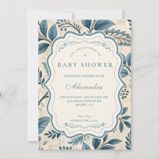 Blue Vintage Botanical Baby Shower 招待状 (正面)