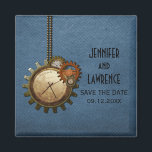 Blue Vintage Clock Save the Date Magnet マグネット<br><div class="desc">This unique Vintage Clock Save the Date Magnet in royal blue features antique steampunk clocks and gears hanging by a metal bead chain. The background has a textured paper and mesh overlay which adds a distressed and grungy feel to the design. This quirky and offbeat save the date magnet would...</div>