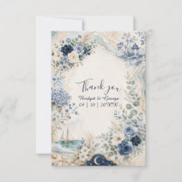 blue Vintage Coastal Sailboat Blue floral Wedding サンキューカード