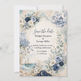 blue Vintage Coastal Sailboat Blue floral Wedding 招待状