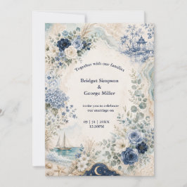 blue Vintage Coastal Sailboat Blue floral Wedding 招待状