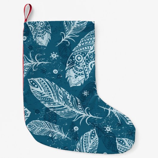 Blue vintage feather pattern スモールクリスマスストッキング (正面)