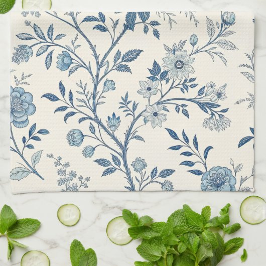 Blue Vintage Floral Pattern キッチンタオル (折り畳み)