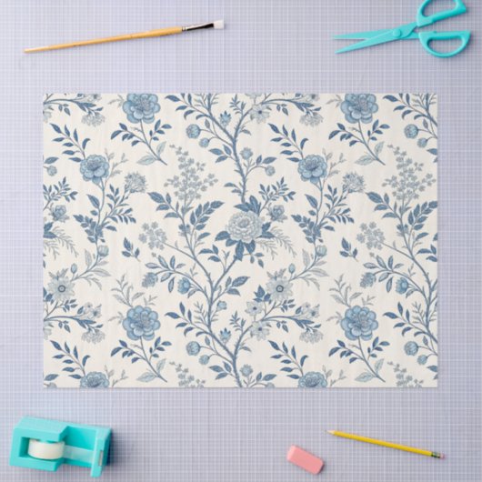 Blue Vintage Floral Pattern 薄葉紙 (クラフト)