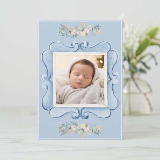 Blue Vintage Frame Whimsical Baby 案内状 (スタンド正面)