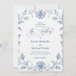 Blue Vintage French Calligraphy Wedding Invitation 招待状