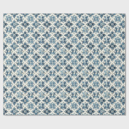 Blue Vintage Tile Floral Wrapping Paper, Tradition ラッピングペーパー
