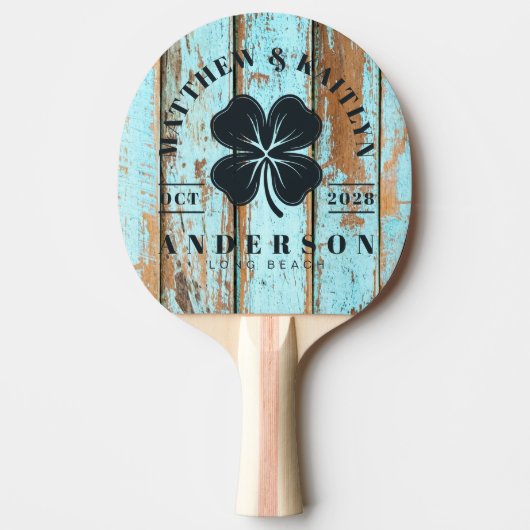 Blue Wash Wood Irish Lucky Clover Wedding Crest 卓球ラケット (正面)