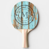 Blue Wash Wood Wedding Monogram 卓球ラケット (正面)