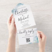 Blue Waterカラー抽象芸術スクリプトQRコー結婚ド オールインワン招待状 (貼ってはがせる)