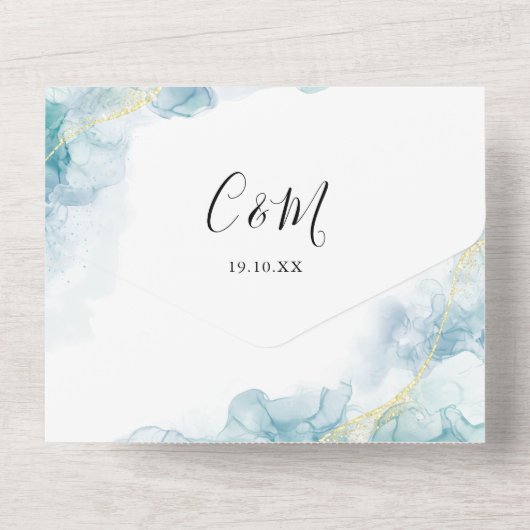 Blue Waterカラー抽象芸術スクリプトQRコー結婚ド オールインワン招待状 (裏面)