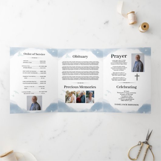 Blue Water colorお祝いの生写真の死亡記事 三つ折り招待状 (内部)