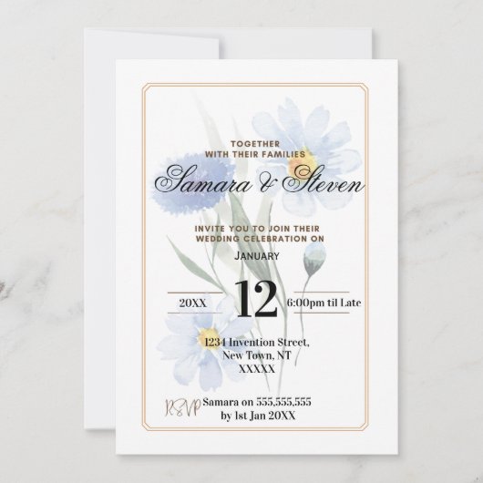 Blue Water Color Flower Wedding Celebration Invite 招待状 (正面)
