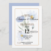 Blue Water Color Flower Wedding Celebration Invite 招待状 (正面/裏面)