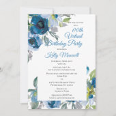 Blue Watercolorフローラ仮想誕生日パーティー 招待状 (正面)