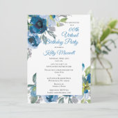 Blue Watercolorフローラ仮想誕生日パーティー 招待状 (スタンド正面)