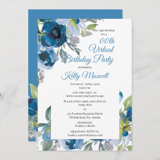 Blue Watercolorフローラ仮想誕生日パーティー 招待状 (正面/裏面)