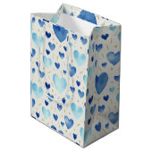 Blue Watercolor and Gold Glitter Hearts Pattern ミディアムペーパーバッグ (裏面アングル)