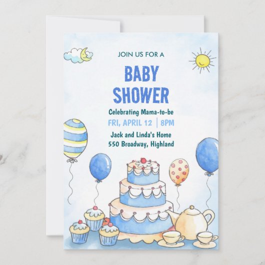 Blue Watercolor Baby Shower Invitation 招待状 (正面)