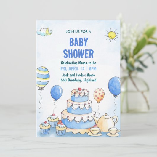 Blue Watercolor Baby Shower Invitation 招待状 (スタンド正面)