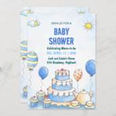 Blue Watercolor Baby Shower Invitation 招待状 (正面/裏面)