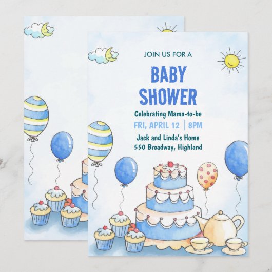 Blue Watercolor Baby Shower Invitation 招待状 (正面/裏面)