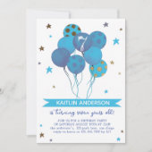 Blue Watercolor Balloons Girl 7th Birthday Party  招待状 (正面)