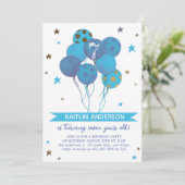 Blue Watercolor Balloons Girl 7th Birthday Party  招待状 (スタンド正面)