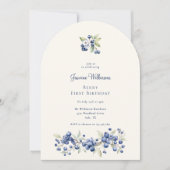 Blue Watercolor Berry First Birthday Party 招待状 (正面)