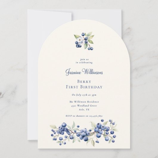 Blue Watercolor Berry First Birthday Party 招待状 (正面)