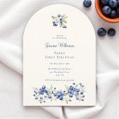 Blue Watercolor Berry First Birthday Party 招待状
