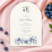 Blue Watercolor Berry First Birthday Party 招待状