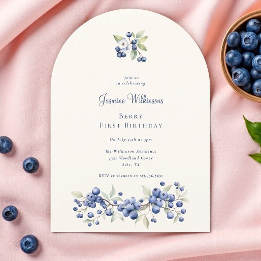 Blue Watercolor Berry First Birthday Party 招待状