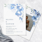 Blue Watercolor Blue Flowers  Casual Wedding 箔招待状